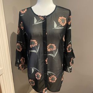 XS CAbi Black floral blouse